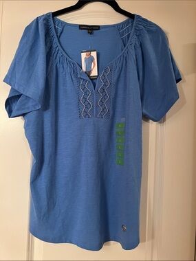 Adrianna Papell Blue Crochet-Trim Short Sleeve Tunic